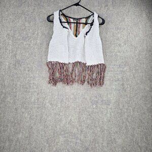 Womens BKE Crochet Fringe Boho Vest White Multicolor 100% Cotton Size Medium